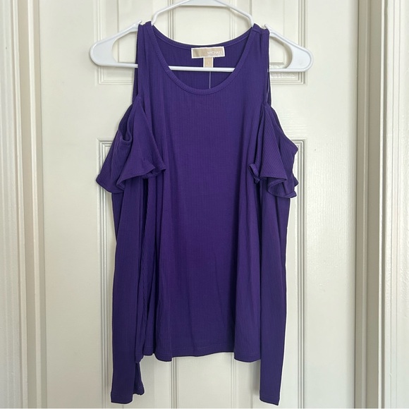 NWT Michael Kors Purple Ribbed Ruffle Cold Shoulder Top - Picture 4 of 16